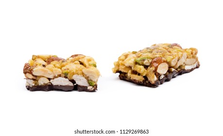 Nut Bar With Chocolate Isolated On White Background