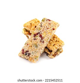 Nut Bar Isolated, Energy Snack With Nuts, Muesli, Protein Candy Bar, Fitness Fruit And Nut Mix On White Background