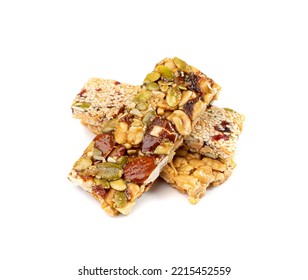 Nut Bar Isolated, Energy Snack With Nuts, Muesli, Protein Candy Bar, Fitness Fruit And Nut Mix On White Background