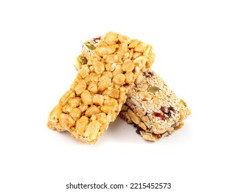 Nut Bar Isolated, Energy Snack With Nuts, Muesli, Protein Candy Bar, Fitness Fruit And Nut Mix On White Background