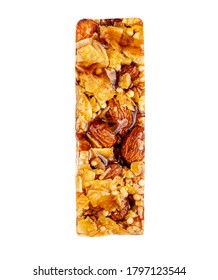 Nut Bar With Peanuts  And Caramel  Isolated On White Background. Muesli  Chunks Close Up