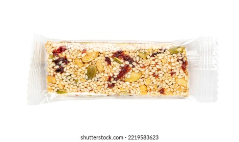 Nut Bar In Plastic Package Isolated, Energy Snack With Nuts, Muesli, Protein Candy Bar, Fitness Fruit And Nut Mix On White Background, Clipping Path