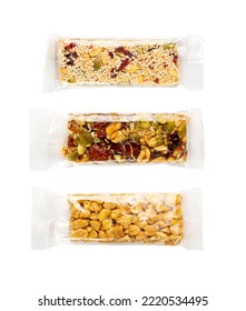 Nut Bar In Plastic Package Isolated, Energy Snack With Nuts, Muesli, Protein Candy Bar, Fitness Fruit And Nut Mix On White Background, Clipping Path