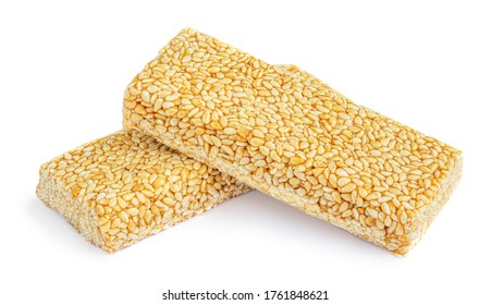 Nut bars isolated on white background. Seasame  Granola energy cereal bars 