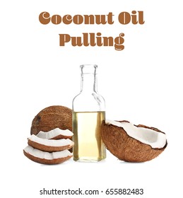 Nut And Bottle Of Coconut Oil Pulling On White Background