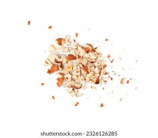 Nut Kernels Crumbs, Broken Hazelnuts Pile Isolated, Healthy Organic Crush Nuts Group, Hazel Nut Pieces on White Background Top View - Shutterstock ID 2326126285