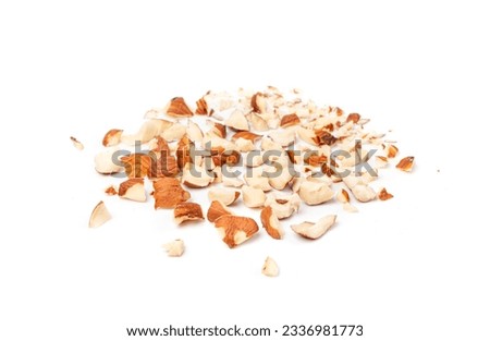 Nut Kernels Crumbs, Broken Hazelnuts Pile Isolated, Healthy Organic Crush Nuts Group, Hazel Nut Pieces on White Background
