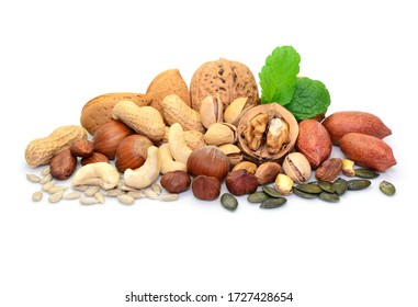 Nut variety, almonds, pistachio and walnuts, isolated.