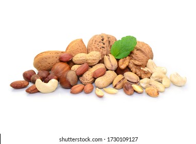 Nut Variety, Almonds, Pistachio And Walnuts, Isolated.