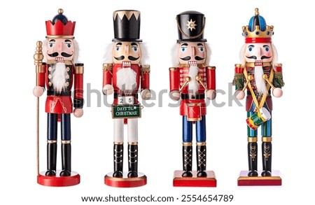 Nutcracker Christmas soldier on white background, toy figurine, nutcrackers