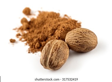 Nutmeg And Ground Nutmeg On White Background