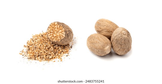 Nutmeg Isolated, Myristica Fragrans Fruit, Dry Spicy Nutmeg Powder, Grated Whole Muscat Nut, Nut Meg Seasoning, Fragrans Nutty Spices Closeup - Powered by Shutterstock