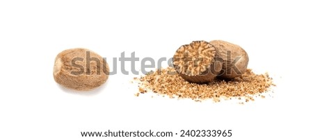 Nutmeg Isolated, Myristica Fragrans Fruit, Dry Spicy Nutmeg Powder, Grated Whole Muscat Nut, Nut Meg Seasoning, Fragrans Nutty Spices Closeup