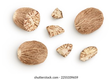 nutmeg isolated on white background with full depth of field. Top view. Flat lay