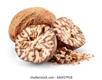 Nutmeg. Whole Nut, Half And Powder Isolated On White Background.