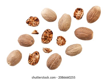 Nutmeg whole and pieces are falling close-up on a white background, cut. Isolated