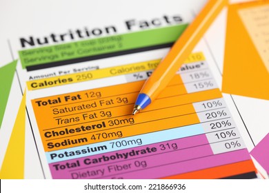 Nutrition facts and ballpoint pen. Close-up.