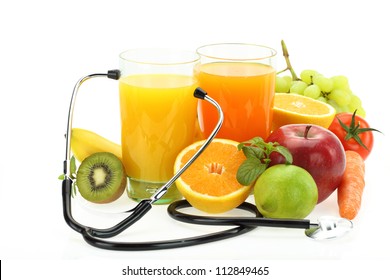 Nutrition And Healthy Eating. Fruits, Vegetables, Juice And Stethoscope