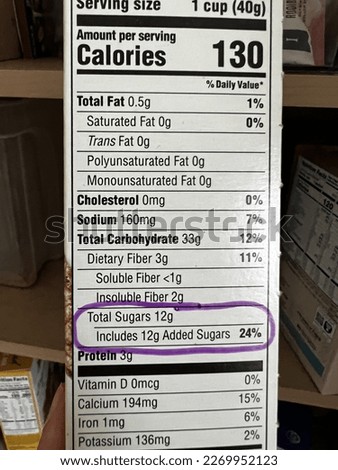 Nutrition label on a box of cereal with 12 grams of added sugar. The Dietary Guidelines for Americans for added sugars is 50 grams per day based on a 2,000 calorie daily diet.