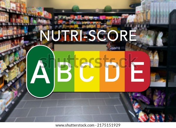 Nutrition labeling of food, Nutri score,\
supermarket, five-level color and letter\
scale\
