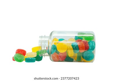 nutritional supplement gummies jar open with rainbow color candies coming out and white background - Powered by Shutterstock