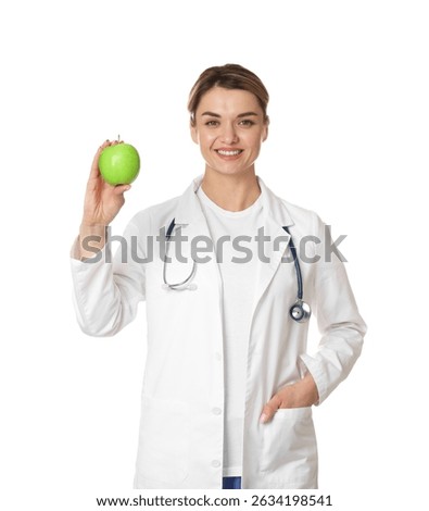 Nutritionist with green apple and stethoscope on white background