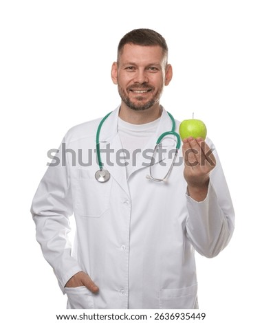 Nutritionist with green apple and stethoscope on white background