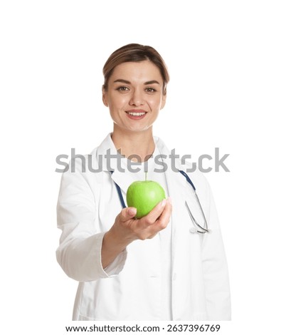 Nutritionist with green apple and stethoscope on white background