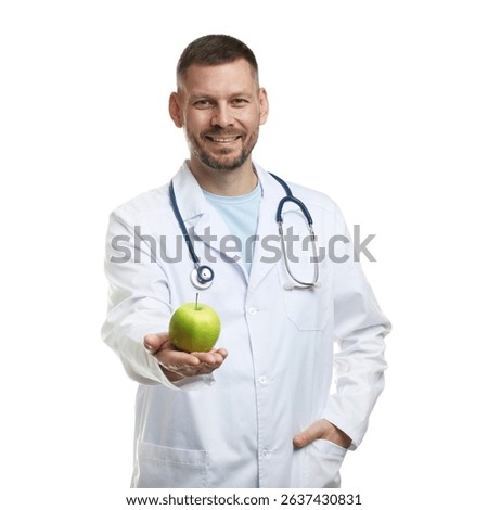 Nutritionist with green apple and stethoscope on white background