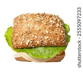 Nutritious multigrain sandwich filled with fresh lettuce, creamy cheese, and sliced turkey. Served in a seeded bun for a healthy, protein-packed meal option