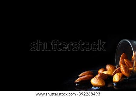 Nuts of almonds are filled to a drop form. Isolated on white background.