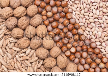 Nuts background, texture. Various type of nut. Walnut, hazelnut, almond, pistachio, top view, flat lay