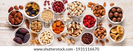 Nuts and dried fruits assortment, top view.