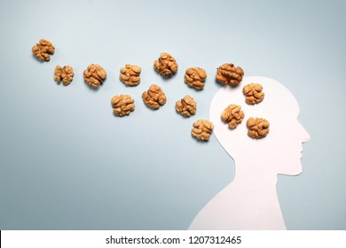 Nuts and human abstraction brain. Healthy food for a person to think. Concept