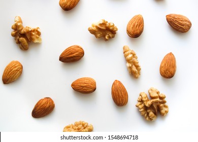 Nuts Mix On White Backgrouns Almonds And Walnuts Top View