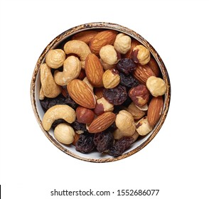 Nuts And Raisin In A Bowl Isolated On White. Top View