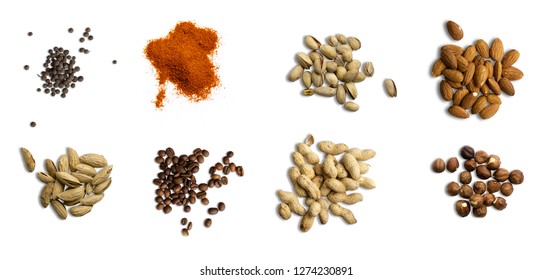 nuts and spice isolated on white background pistachio black pepper red pepper almond