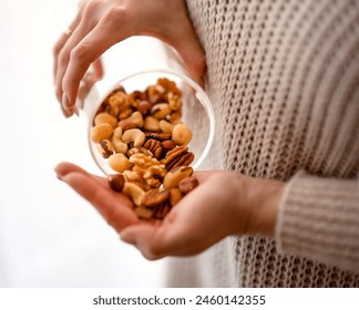 Nuts spilling from jar in woman's hand. Close-up of a woman's hand taking nuts from a glass jar - Powered by Shutterstock