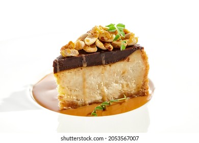 Nuts Tart Isolated On White Background. Sweet Pie With Nuts And Caramel Sauce. Dessert With Praline, Chocolate And Cashew, Hazelnut, Peanut And Caramel Sauce. Toffee Nut Pie In Restaurant Menu