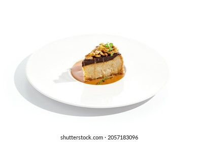 Nuts Tart Isolated On White Background. Sweet Pie With Nuts And Caramel Sauce. Dessert With Praline, Chocolate And Cashew, Hazelnut, Peanut And Caramel Sauce. Toffee Nut Pie In Restaurant Menu