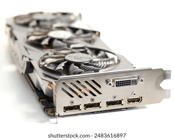 NVIDIA gaming GPU N970EXTREME with windforce cooling system shot with sharp depth plane behind white background