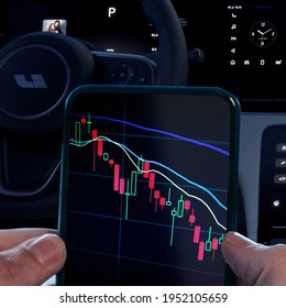 NY, April, 08, 2021. Stock Chart Of Li Auto Inc. Car On The Background. Li Xiang, Is A Chinese Electric Vehicle Manufacturer Headquartered In Beijing. Stock Market Crash Or Rally.