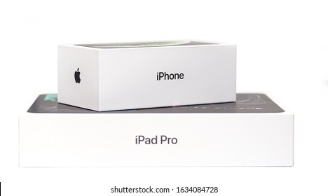 NY - FEB 03: Boxes with I iPhone and iPad Pro, isolated in NY on February 03. 2020 in USA