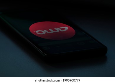 NY, - June 23, 2021: In This Photo The Logo Of AMC Entertainment Holdings, Inc. Displays On A Smartphone. Meme Or Social Movement Stocks With Retail Investors.