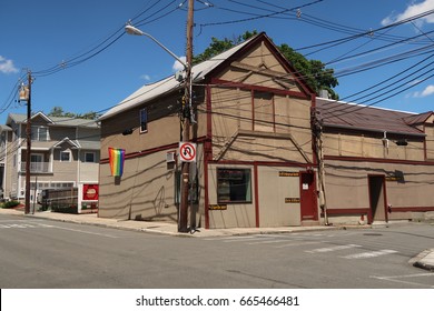 NYACK, NY - JUNE 20, 2017: Elmwood Community Playhouse With A Rainbow Flag Displayed For Pride Month (June). Editorial Use Only. 