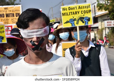 Nyaunghswe, Myanmar - 17 Feb 2021: Myanmar People Took To The Streets To Protest Against The Military Coup