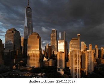 NYC aerial view, New York City Skyline with dramatic sky. Panoramic drone view on Manhattan in NY. - Powered by Shutterstock - Get 15% off with code: PIKWIZARD15