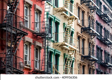 NYC Block Of Rainbow Colored Apartment Buildings In Manhattan, New York City