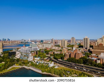 NYC Cityscape Panning Of Downtown Brooklyn District With Manhattan Bridge Beautiful Aerial Skyline New York City