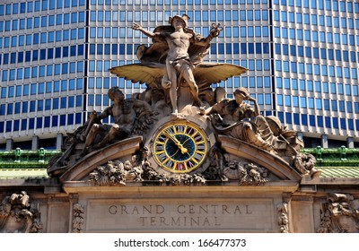 NYC:  The iconic beaux arts statue of the Greek God Mercury adorns the south facade of Grand Central Terminal on East 42nd Street  *